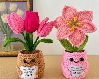 Regalo per la mamma – Fiore all'uncinetto – Decorazione vegetale per la festa della mamma – Targa con messaggio personalizzato – Ricordo floreale per sempre