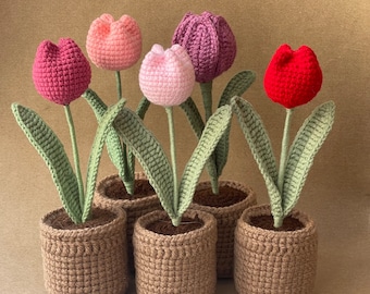 Bouquet de tulipes au crochet fabriqué à la main en pot au crochet - Ensemble de tulipes au crochet, cadeau de tulipes prêt à offrir