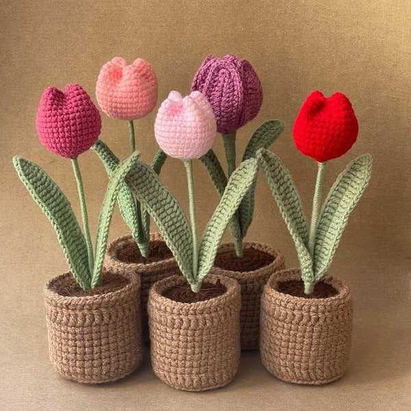 Handcrafted Crochet Tulip Bouquet in Crochet Pot - Set of Crochet Tulips, Ready-to-give tulips gift