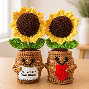 May include: Two crocheted sunflower plants in brown pots with smiling faces and pink cheeks. One pot holds a white sign with the text "You are My Sunshine" and the other holds a red crocheted heart. Each sunflower has yellow petals.