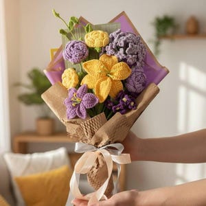 Crochet Bouquet – Handmade Forever Flower Arrangement – Elegant Gift for Mom YellowPurple Bouquet