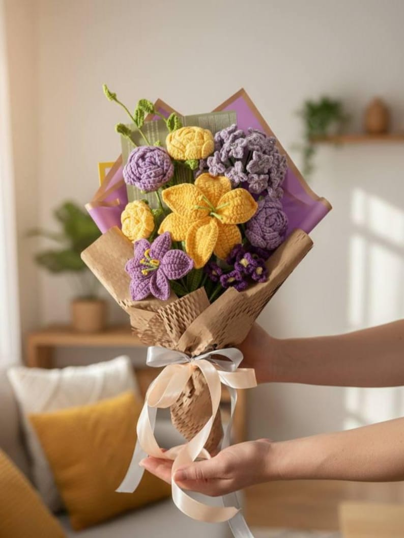 Crochet Bouquet – Handmade Forever Flower Arrangement – Elegant Gift for Mom YellowPurple Bouquet