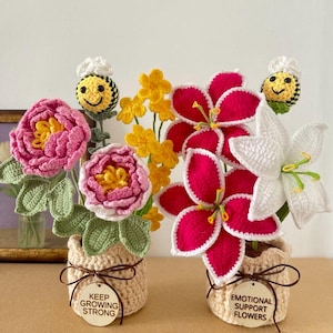 May include: Two crochet flower arrangements in beige pots. The left pot features pink peonies, yellow blossoms, and a bee, with a tag reading KEEP GROWING STRONG. The right pot has pink and white lilies and a bee, with a tag reading EMOTIONAL SUPPORT FLOWERS.