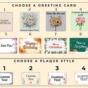May include: A selection guide featuring eight greeting card designs with floral, holiday, and birthday themes, and four plaque styles with custom text options. The cards include text like Happy Birthday, Shine like the sun, and Merry Christmas.