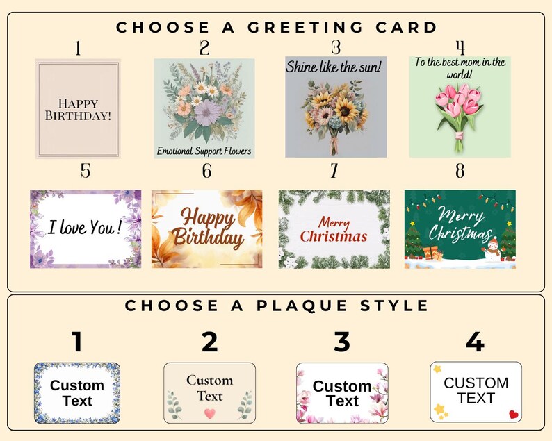 May include: A selection guide featuring eight greeting card designs with floral, holiday, and birthday themes, and four plaque styles with custom text options. The cards include text like Happy Birthday, Shine like the sun, and Merry Christmas.