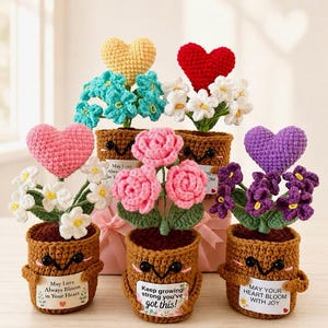 Può includere: Cinque piante in vaso all'uncinetto con facce sorridenti e decorazioni a forma di cuore. Ogni vaso marrone presenta un piccolo cartello con testo, tra cui "May Love Always Bloom in Your Heart," "Keep growing strong you've got this!" e "MAY YOUR HEART BLOOM WITH JOY."