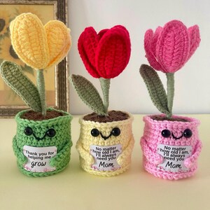 May include: Three crocheted potted flowers with yellow, red, and pink petals. Each pot has black bead eyes, a stitched smile, and a white sign. The green pot says Thank you for helping me grow, while the yellow and pink pots say No matter how old I am, I'll always need you Mom.