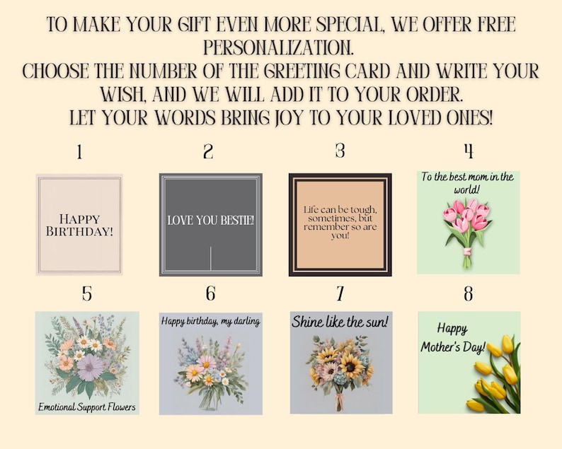 Może przedstawiać: Wyb&oacute;r ośmiu kartek okolicznościowych z tekstem i ilustracjami kwiatowymi. G&oacute;rny tekst brzmi: TO MAKE YOUR GIFT EVEN MORE SPECIAL, WE OFFER FREE PERSONALIZATION. CHOOSE THE NUMBER OF THE GREETING CARD AND WRITE YOUR WISH.