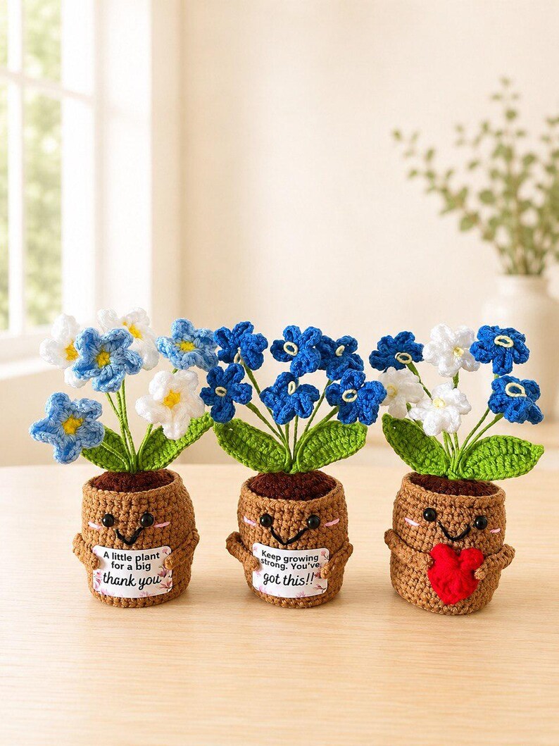 May include: Three crocheted potted plants with brown pots, green leaves, and blue and white flowers. The pots have smiling faces and small arms. Two pots hold white rectangular signs with text: A little plant for a big thank you and Keep growing strong. You've got this!!