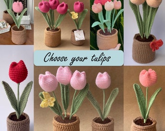 Crochet tulip bouquet: Multicolored flowers in crochet pots, crochet flower bouquet in pots - Ready-to-give unique gift idea for mom