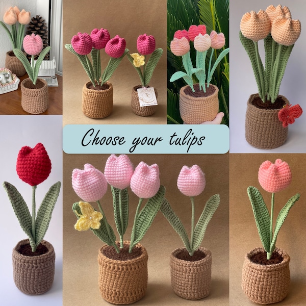 Crochet tulip bouquet: Multicolored flowers in crochet pots, crochet flower bouquet in pots - Ready-to-give unique gift idea for mom