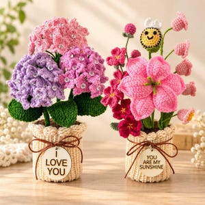 Op de afbeelding: Twee gehaakte bloemstukken in beige gebreide potten. De linkerpot bevat paarse en roze hortensia-achtige bloemen met doorzichtige kralen. De rechterpot bevat roze lelies, kleine rode bloemen en een bij, met een houten label YOU ARE MY SUNSHINE.
