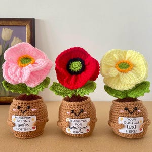 May include: Three crocheted potted flowers in pink, red, and yellow with green leaves. Each brown pot has a smiling face and holds a white sign. The signs read: KEEP GROWING STRONG you've GOT THIS!, THANK YOU FOR helping me GROW, and YOUR CUSTOM text HERE!