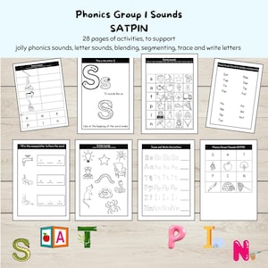 Hojas de trabajo SATPIN, sonidos de letras, palabras CVC, actividades imprimibles de Jolly Phonics del grupo 1, paquete de actividades de aprendizaje de fonética,