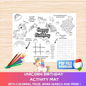 Unicorn Birthday Activity Sheet, Unicorn Party Favour, Unicorn Coloring ...