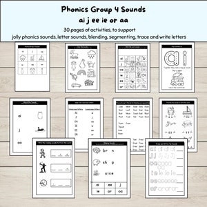 Hojas de trabajo imprimibles del grupo 4 de fonética, divertidas actividades de fonética para los sonidos de las letras del grupo 4 ai, j, oa, ie, ee o, palabras CVC, descarga en PDF