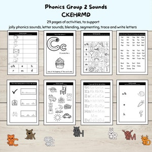 Hojas de trabajo del grupo 2 de fonética CKEHRMD, sonidos de letras, palabras CVC, actividades de Jolly Phonics, recursos de aprendizaje en el hogar, recursos para el aula,