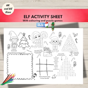 May include: Black and white Elf Activity Sheet with coloring and puzzle games. Includes illustrations of elves, candy canes, a Christmas tree, and a maze. Features the text "Elf Activity Sheet" and "PDF FILE DOWNLOAD".