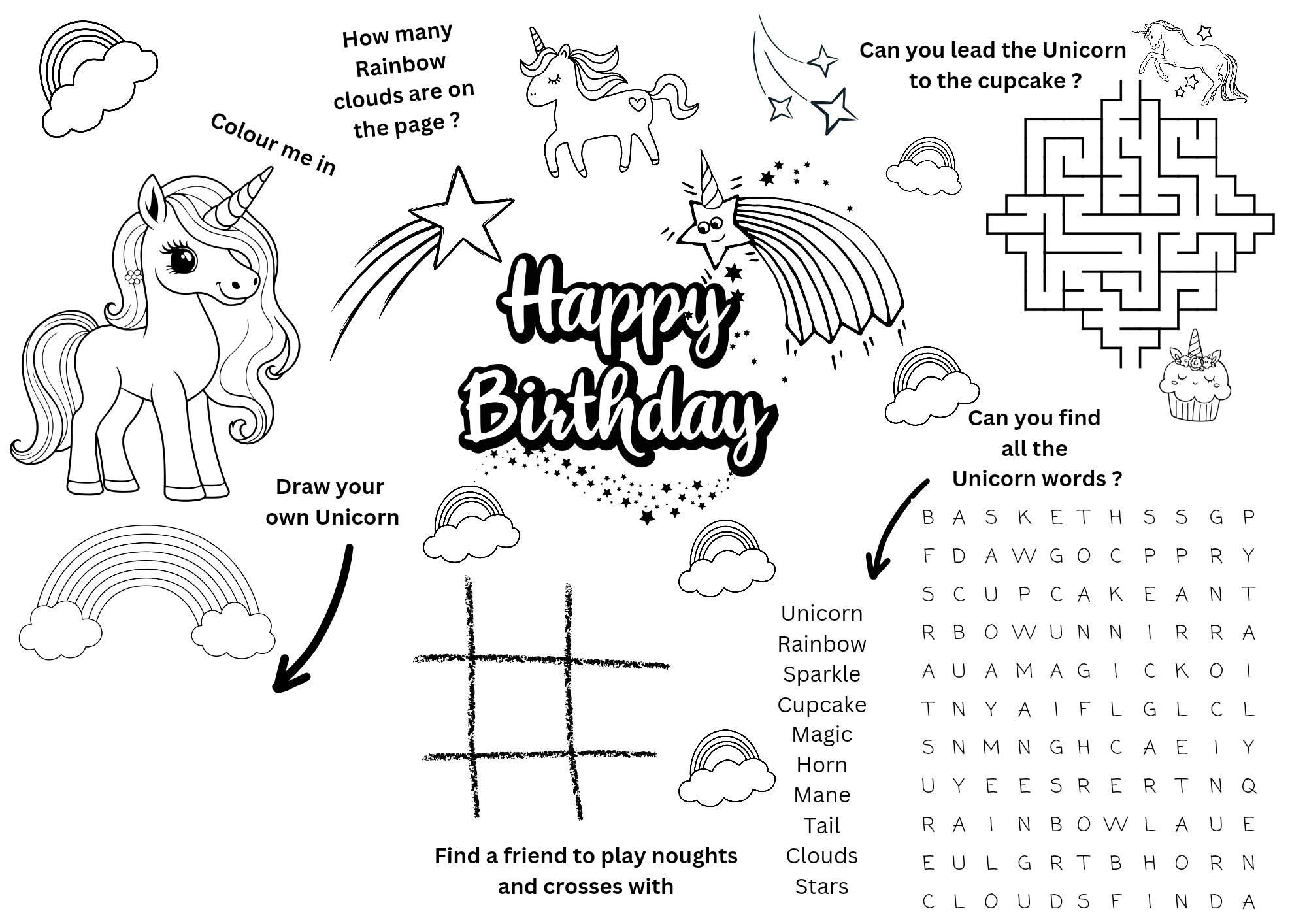 Unicorn Birthday Activity Sheet, Unicorn Party Favour, Unicorn Coloring ...
