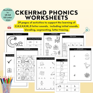 フォニックスグループ2 CKEHRMDワークシート、文字の音、CVC単語、就学前・幼稚園、家庭学習リソース