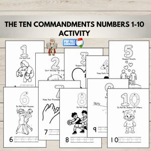 May include: A set of black and white activity sheets labelled "The Ten Commandments Numbers 1-10 Activity." Each sheet displays a number, a commandment, and an illustration. The sheets are designed for educational use.