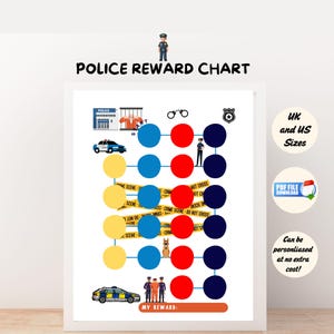 Pode incluir: Um quadro de recompensas com tema policial apresentando uma grade de círculos amarelos, azuis, vermelhos e azul-escuros. O design inclui ilustrações de delegacia, cela, viatura, algemas, distintivo, cão policial e agentes. Fita amarela de cena de crime cruza a grade, com o texto POLICE REWARD CHART e MY REWARD.