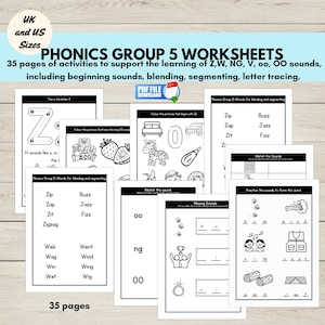 Peut inclure: Ensemble de feuilles de travail de phonétique en noir et blanc pour l'apprentissage précoce. Les feuilles de travail comprennent des activités sur les sons initiaux, le mélange et le traçage de lettres. Le texte indique "PHONICS GROUP 5 WORKSHEETS".