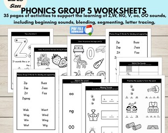 Phonics Group 5 Worksheets, Z W NG V short oo long OO, Letter Sounds Activities Printable for Preschool & Kindergarten, CVC Words