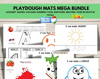 May include: A digital download bundle of educational playdough mats featuring alphabet letters, shapes, colors, numbers, food, emotions, and weather themes. The printable sheets include tracing activities, illustrations of an apple, ant, sun, strawberry, tomato, and a smiling circle character.