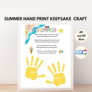 May include: A framed summer-themed handprint keepsake craft. The artwork features yellow handprints, a poem, and summer illustrations. Text includes "Summer Hand Print Keepsake Craft" and "Summer". The frame is white.