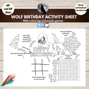 Wolf Birthday Party Activity Sheet, Wolves Printable Placemat, Kids Party Coloring Page,