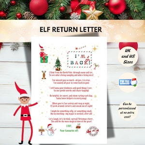 Pode incluir: Uma carta com tema natalino com o texto "ELF RETURN LETTER". A carta inclui uma mensagem de um elfo, com as palavras "I'M BACK!" em uma moldura decorativa. A carta é decorada com imagens natalinas.