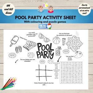 Pool Party Activty Placemat, Kids Pool Games, Colouring Sheet, Printable Summer Activity Page,