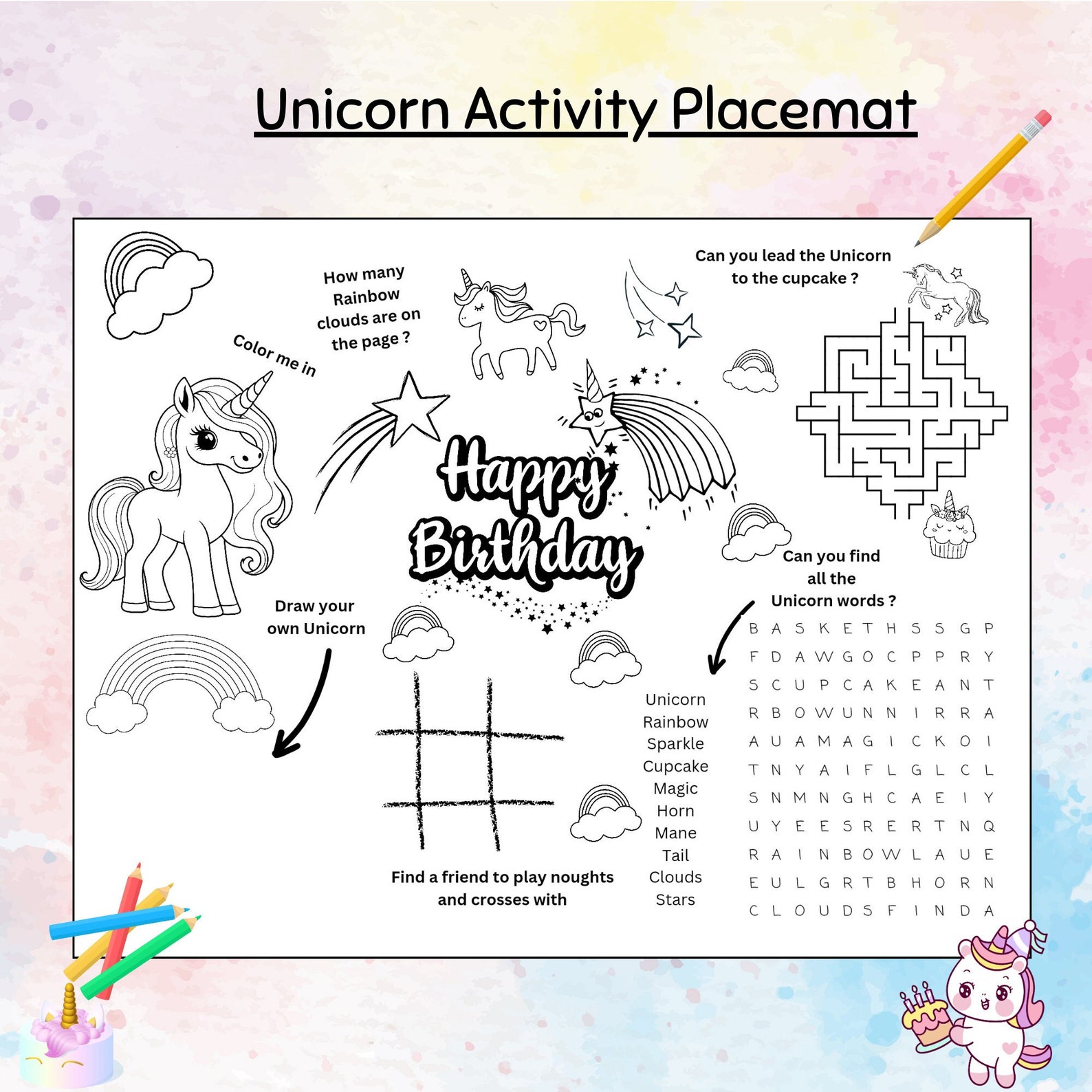 Unicorn Birthday Activity Sheet, Unicorn Party Favour, Unicorn Coloring ...