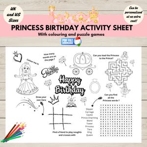 Prinzessin Geburtstagsaktivität Tischset zum ausdrucken, Prinzessin Kinder Mitbringsel, Prinzessin Malseite, digitaler Download,