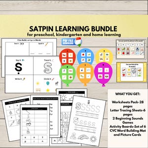 Op de afbeelding: Een leerpakket voor de kleuterschool en thuisonderwijs. De afbeelding toont werkbladen, lettertraceerbladen, spelletjes en activiteitenborden. De tekst op de afbeelding luidt "SATPIN LEARNING BUNDLE". De afbeelding toont kleurrijke ballonnen en educatief materiaal.