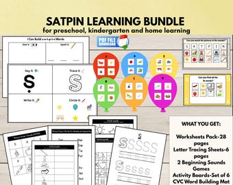 SATPIN Phonics Learning Bundle, Printable Letter Tracing Activities, Phonics Worksheets, CVC Word Building Mat, Beginning Sounds Games