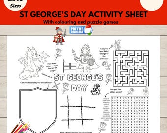 St George’s Day Activity Sheet Printable, Kids Coloring Page, Saint George Puzzle Placemat, Sunday School Craft