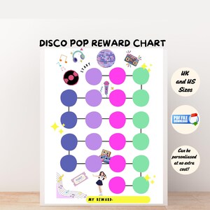Puede incluir: Un colorido "Disco Pop Reward Chart" con una cuadrícula de círculos en azul, morado y rosa, y verde. El gráfico incluye ilustraciones de una bola de discoteca, auriculares y una radio. El texto incluye "UK and US Sizes" y "PDF FILE DOWNLOAD".