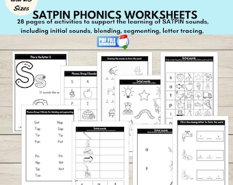 SATPIN Phonics Worksheets, Beginning Sounds and CVC Words Activities Printable, Letter Tracing, Group 1 Phonics Learning Activity Bundle