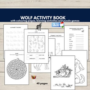 Wolf Activity Book for Kids, Printable Wolves Activities, Wolf Coloring Pages