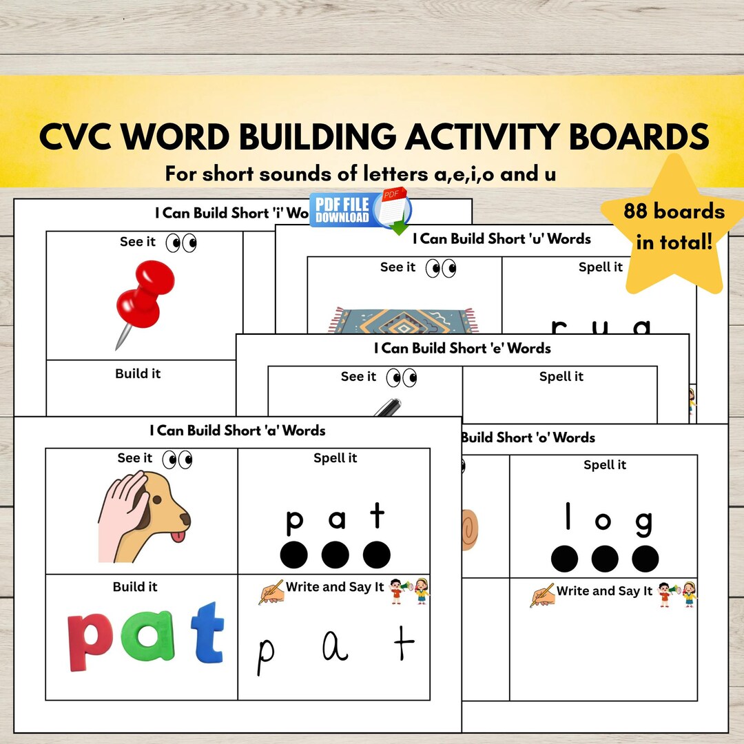 CVC Word Building Activity Boards With Pictures, Short AEIOU Sounds ...