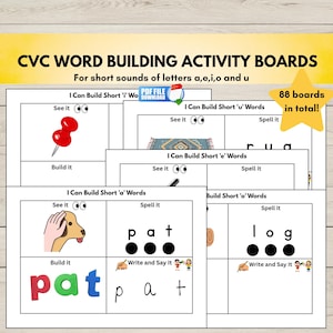 May include: CVC word building activity boards for short vowel sounds. The boards feature illustrations and word-building activities. The text includes "See it", "Build it", and "Write and Say It". The boards are designed for learning short vowel sounds.