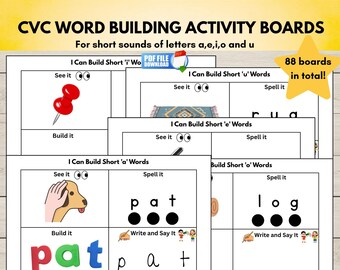 CVC Word Building Activity Boards with Pictures, Short AEIOU Sounds, Preschool & Kindergarten Printable Phonics Mats, Homeschool Resources