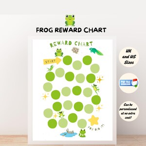 May include: A printable frog-themed reward chart with a green frog and the text "REWARD CHART" at the top. The chart has a path of green circles with a frog on each circle. The path leads to a yellow star with the text "YOU DID IT!" at the bottom. The chart is designed for children and can be personalized.