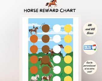 May include: A printable horse reward chart with a colorful design. The chart features a horse-themed game board with circles to color in as rewards are earned. The chart includes the text "HORSE REWARD CHART", "START", and "MY REWARD:".