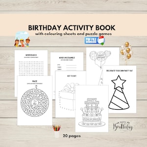Birthday Activity Book for Kids, Printable Kids Birthday Party Favor Pack, Digital Download, Happy Birthday Games, Birthday Coloring Book,