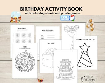 Livro de atividades de aniversário para crianças, pacote de lembrancinhas de aniversário imprimível para festa infantil, jogos de feliz aniversário, páginas para colorir e quebra-cabeças, download instantâneo