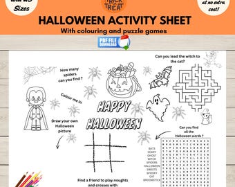 Afdrukbare placemat Halloween-feestactiviteit, kleurplaat voor kinderen en spelletjesmat, pdf leuke activiteit Halloween-tafelactiviteit,