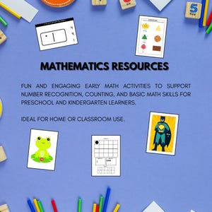 May include: A set of educational mathematics resources on a blue background, featuring printable activity sheets with number recognition, counting tasks, a frog illustration, a superhero graphic, and various colorful wooden number blocks.